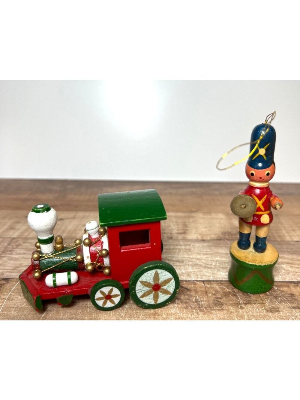 Vtg Hand-Painted Wooden Train & Soldier Christmas Ornaments - Red Green & Gold